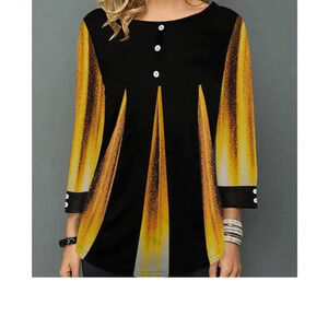 Casual Top Loose Contrast Color Printing Blouse, Round Neck - Size M